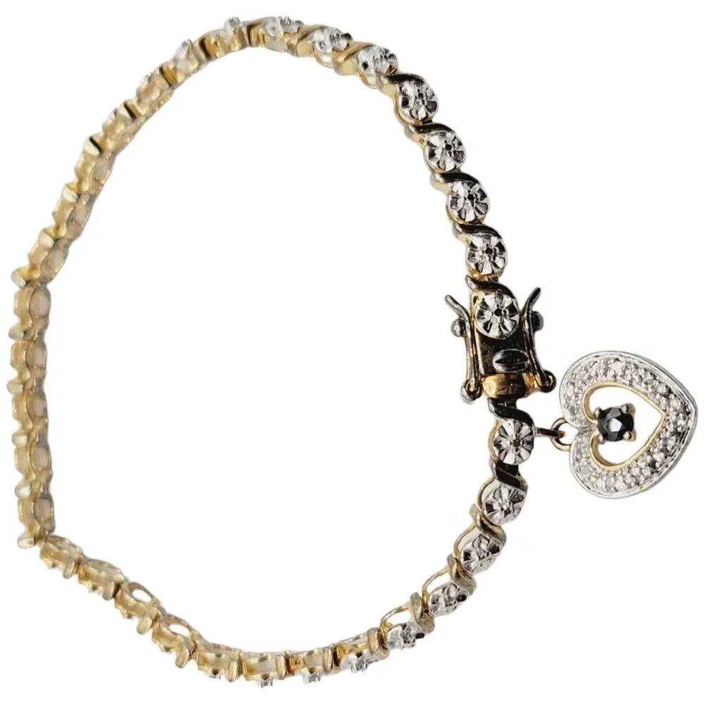 Sterling Silver Gold‎ Vermeil 925 Women’s Tennis Bracelet With Heart Charm 7
